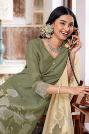 Green Pure South Cotton Dyed Jacquard Straight Cut Salwar Suit